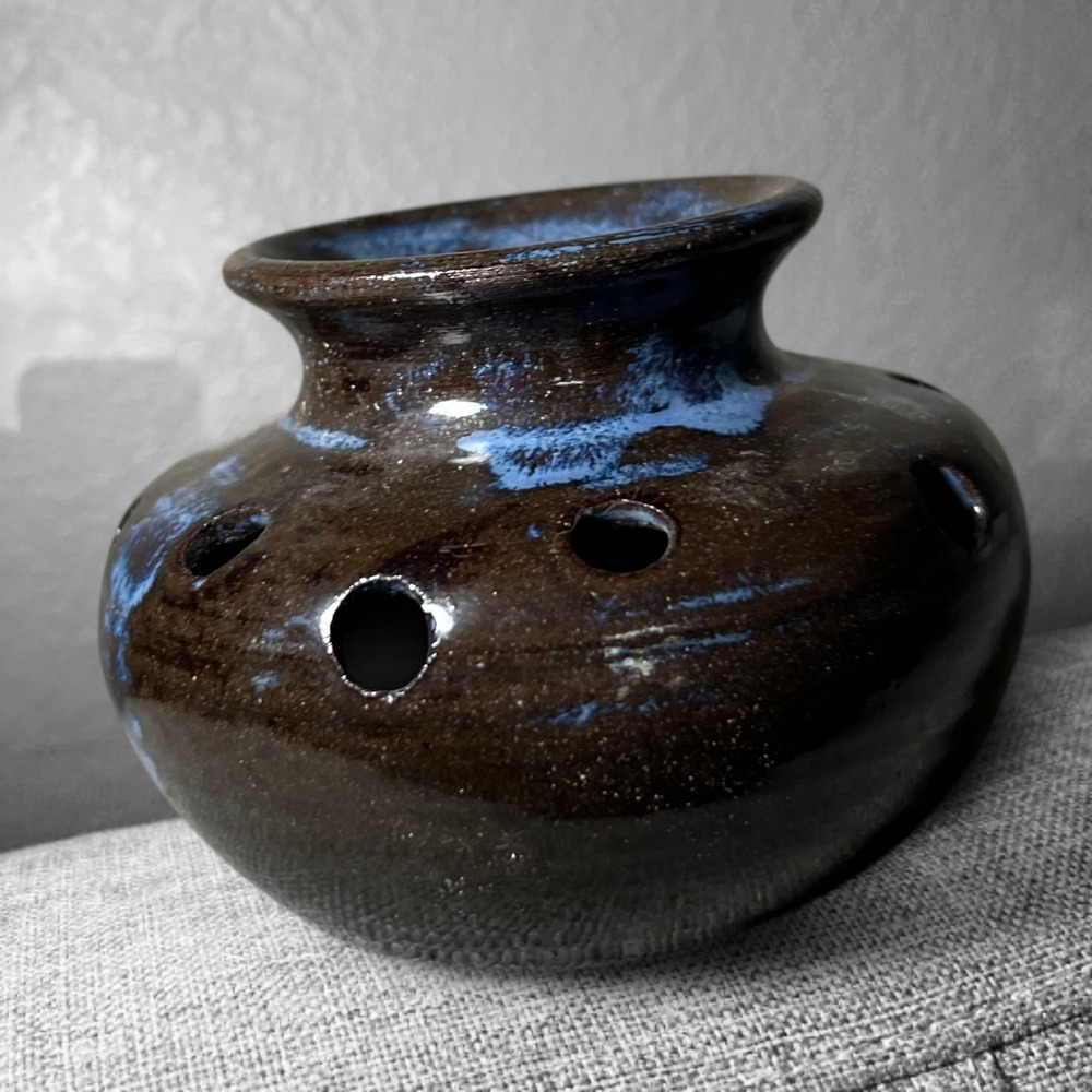 Handmade Studio Pottery Floral Frog Vase Brown Blue Glaze Signed Small Round USA